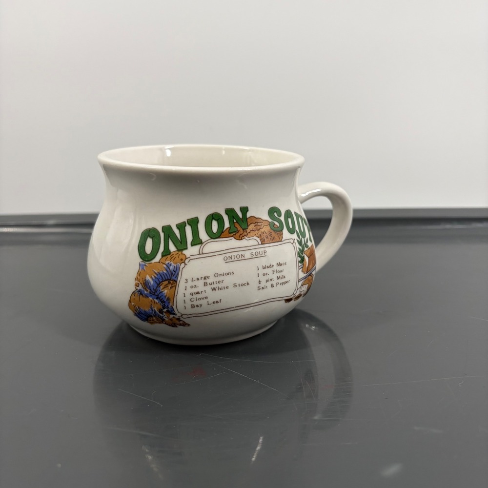 Vintage Onion Soup Recipe Ceramic Mug Bowl with Handle White Green Graphic